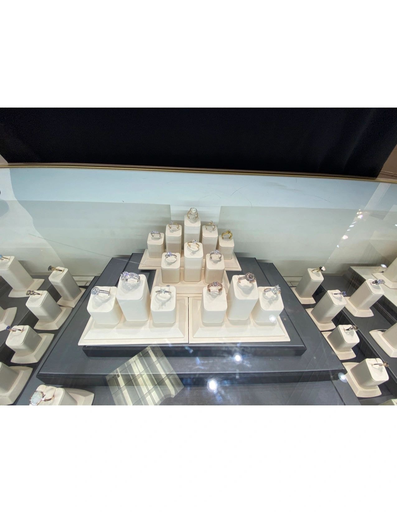 Diamond ring jewelry display on pedestals